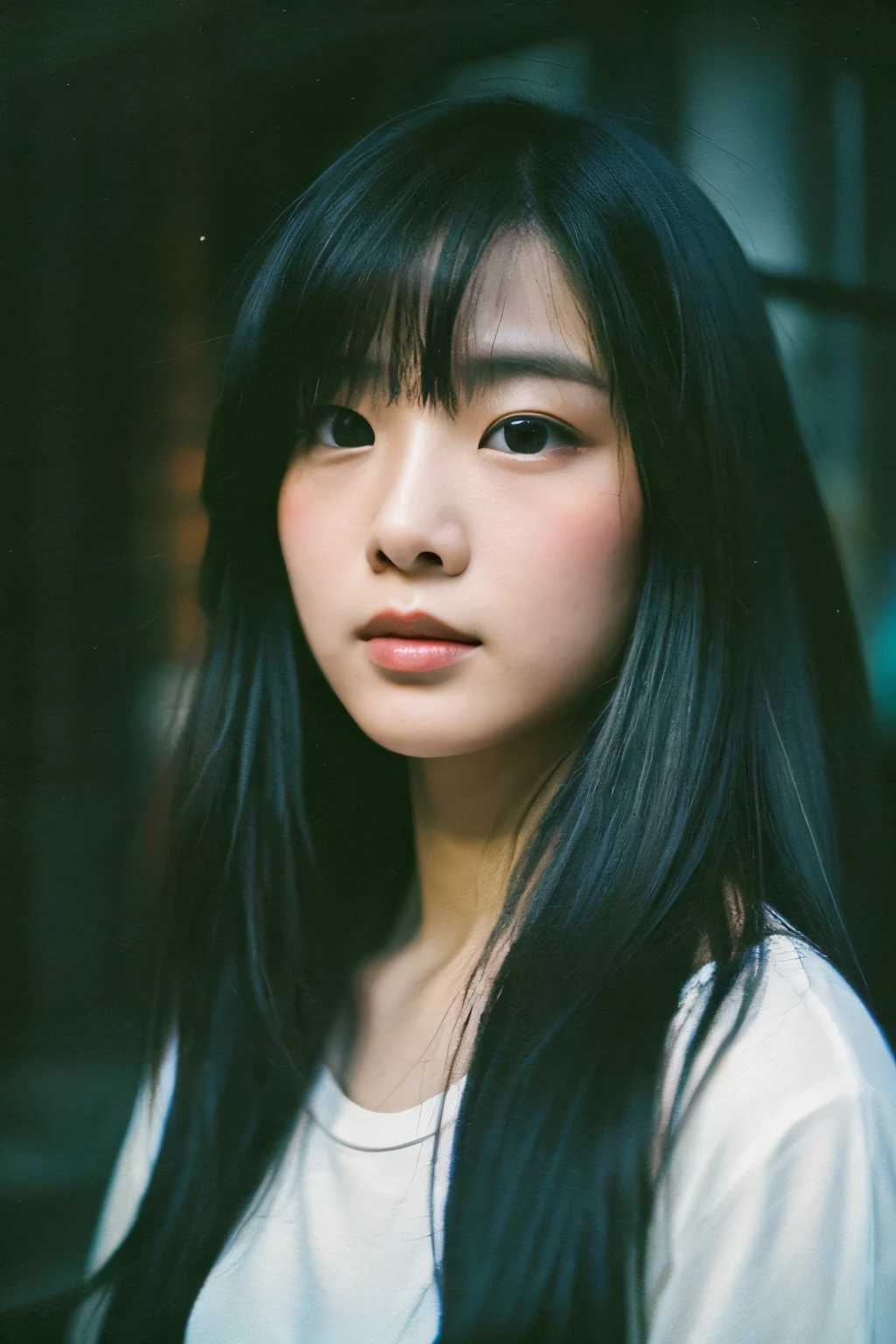 XXMix_girl, (close up:1.2), 1girl,Fluffy long hair,Dark theme,Black Hair,Messy hair, Film Grain ,Black Theme Tyndall, Old apartment, Polaroid camera photo