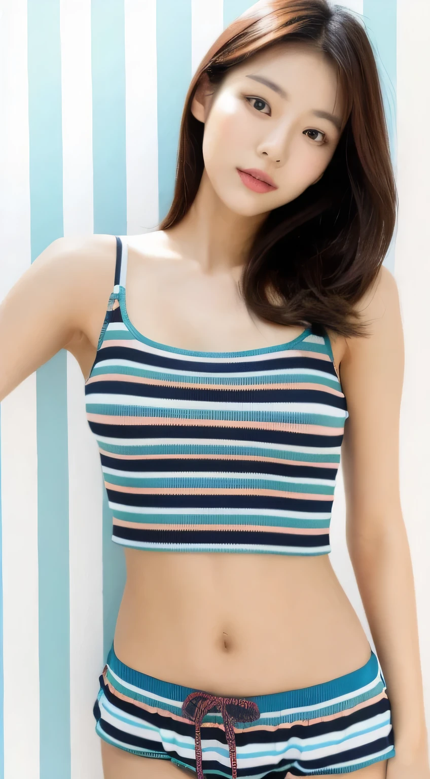 Asian woman in striped top and shorts posing for a photo, Nam Jae-yeon, Korean Girl, Cui Xianhua, Beautiful young Korean woman, Asian Girls, Young and beautiful Korean woman, Beautiful Korean woman, young Asian Girls, Wearing a sexy cropped top, physical : The smallest belly ever, Lee Ji-eun, Lee Ji-eun