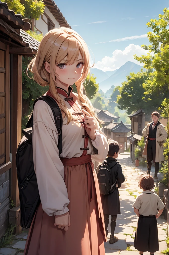 image of a village below and above on a mountain with a trees, four young people, three male boys and one female girl. A happy boy standing smiling, with black hair, brown dark eyes, the other with a backpack on his back and a map in his hands, with dark reddish hair and black eyes, the other strong boy, with an angry face with blond hair and light brown eyes, the one with blonde and dark pink hair making a peace sign with light brown eyes, all of them dressed in medieval clothes in ancient China on a sunny sunny day and in the background the village with people working normally.
