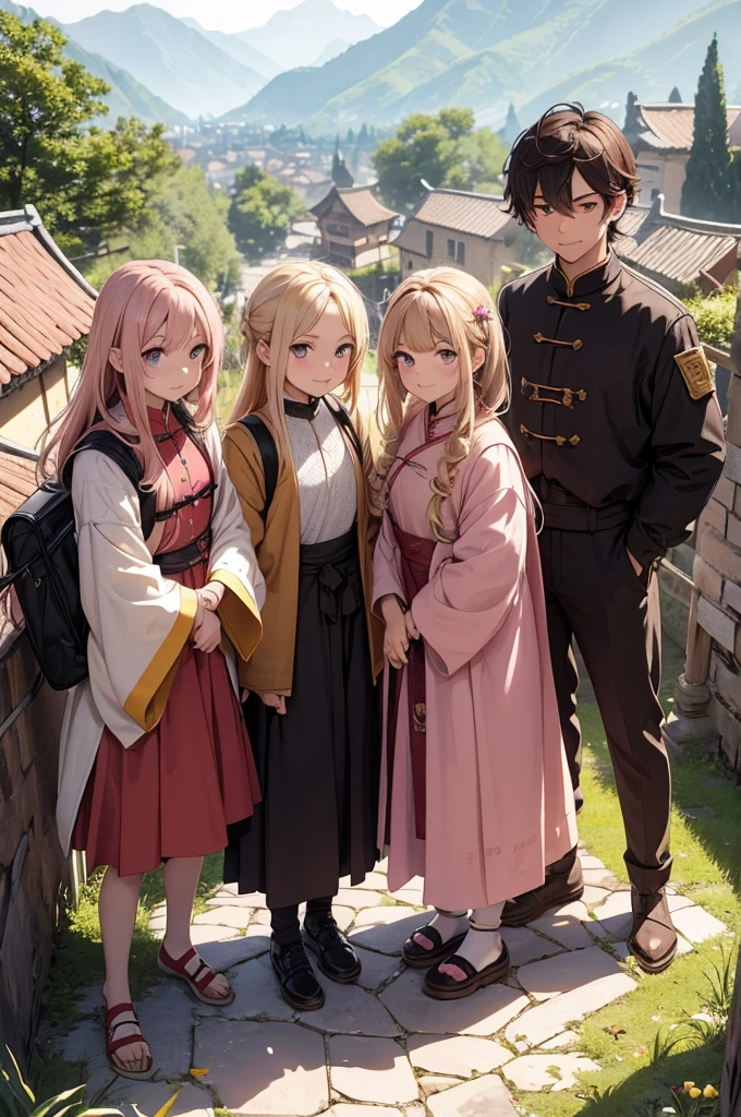 image of a village below and above on a mountain with a trees, four young people, three male boys and one female girl. A happy boy standing smiling, with black hair, brown dark eyes, the other with a backpack on his back and a map in his hands, with dark reddish hair and black eyes, the other strong boy, with an angry face with blond hair and light brown eyes, the one with blonde and dark pink hair making a peace sign with light brown eyes, all of them dressed in medieval clothes in ancient China on a sunny sunny day and in the background the village with people working normally.