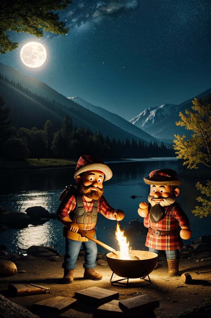 Cartoon of lumberjack cooking in the light of the moon and stars near a river