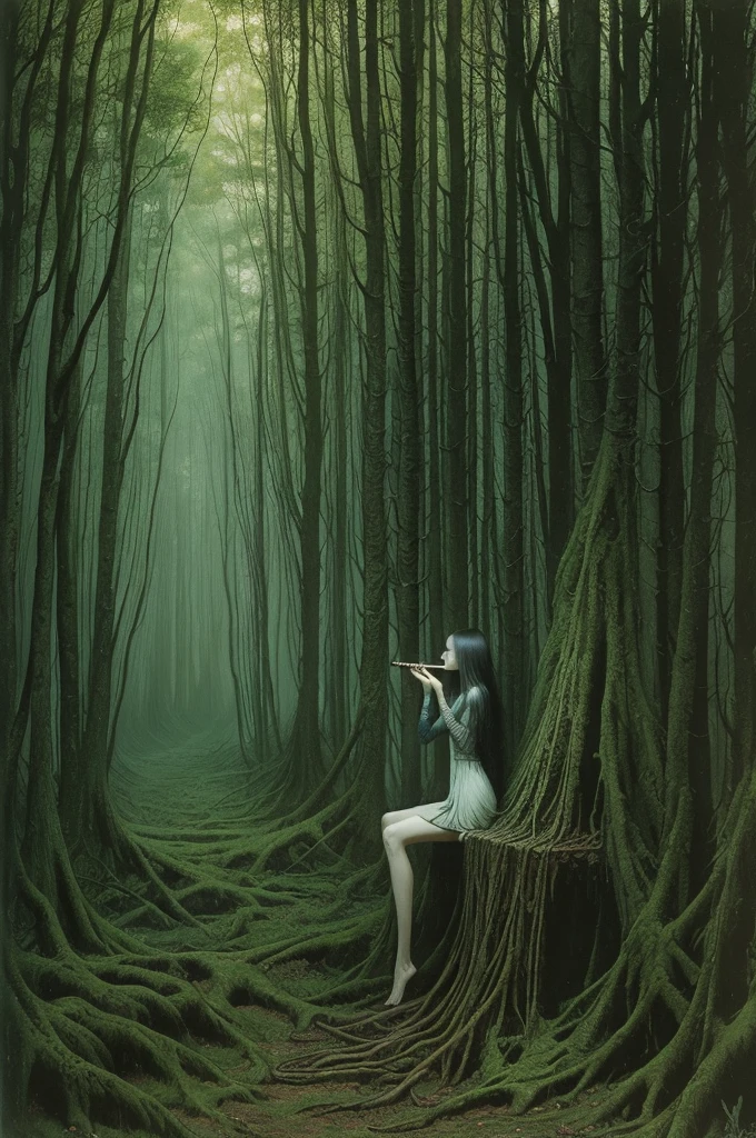 Very skinny woman playing flute in the forest Zdzisław Beksiński H.R Giger