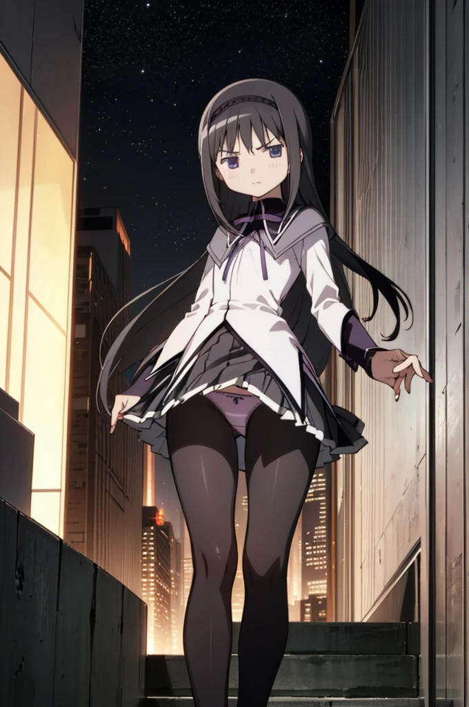 solo, 1girl, looking at viewer, , homura akemi, magical girl, closed mouth,black pantyhose,miniskirt,(((lift skirt,panties))),city,top of building,night,outdoor,angry,from below