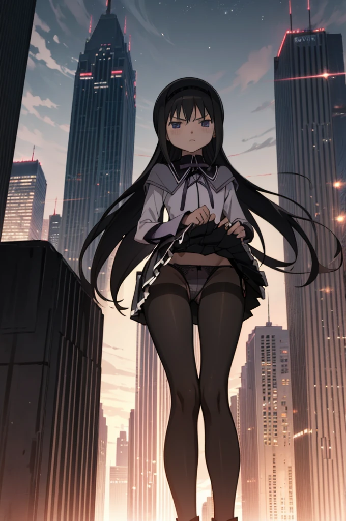 solo, 1girl, looking at viewer, , homura akemi, magical girl, closed mouth,black pantyhose,miniskirt,(((lift skirt,panties))),city,top of building,night,outdoor,angry,from below