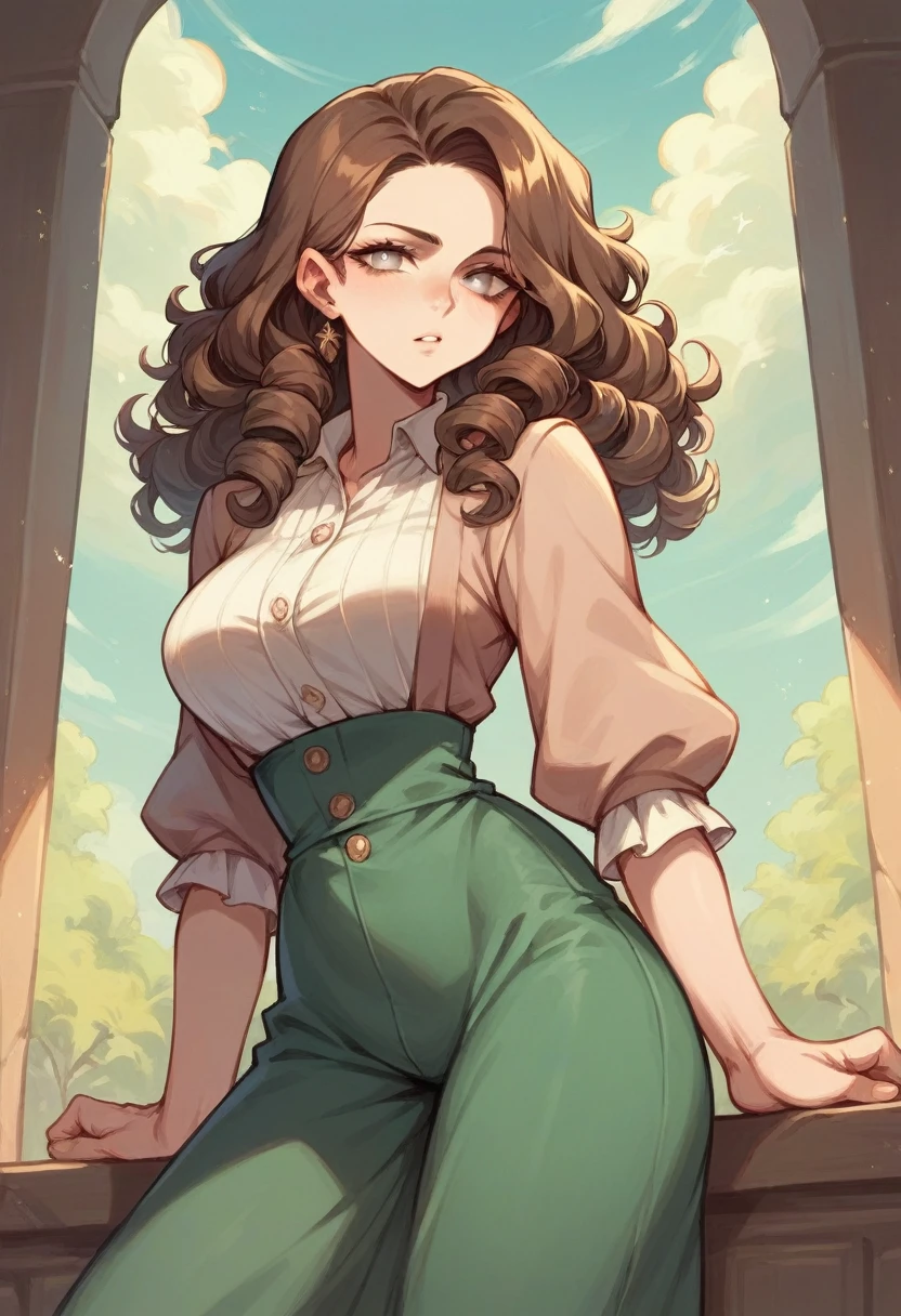Woman with curly brown hair, light eyes, thin waist
