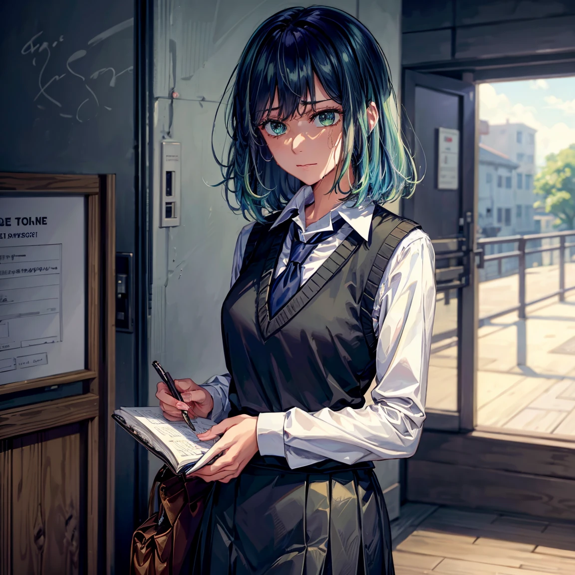 tall body, tall, long legs, mature female, mature, adult, , eft_oshi_akane, solo, necktie, 1girl, shirt, blue necktie, blue hair, whitallte shirt, long sleeves, looking at viewer, medium hair, collared shirt, sweater vest, indoors, , bangs, vest, closed mouth, notebook, green eyes, multicolored hair, black vest, short hair, hand up, alley, sweat, expressionless, gradient hair, blue eyes, skirt,more detail XL