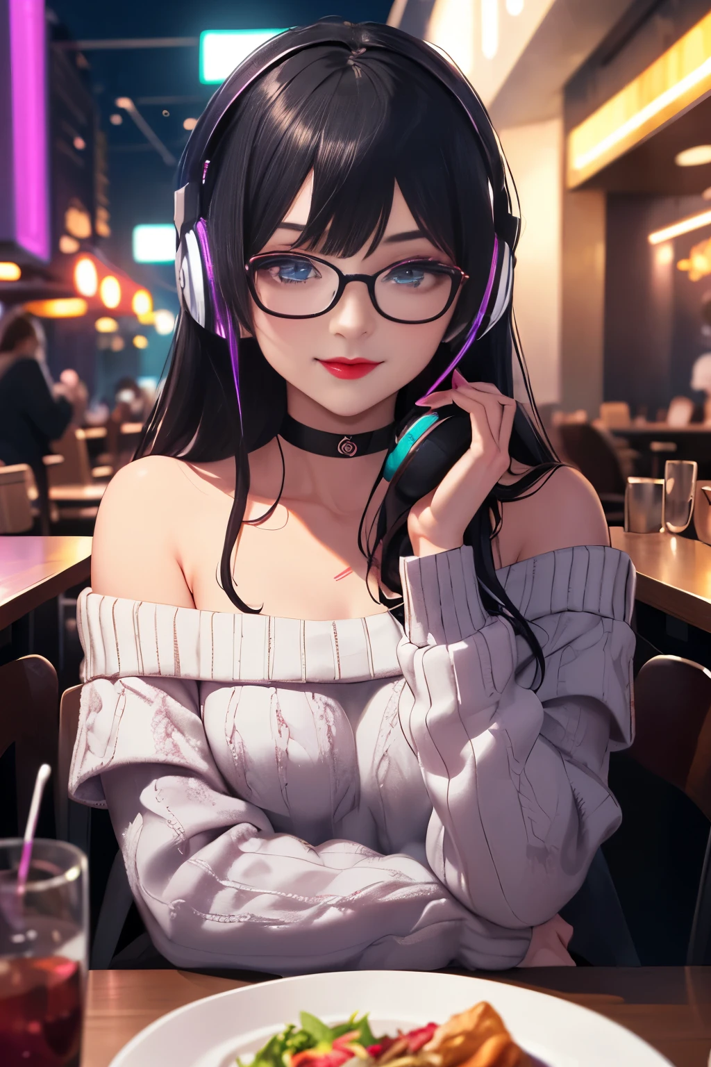 (Best quality, Ultra detailed, Masterpiece:1.2), 1girl, perfect face, female, gamer girl, aqua eyes, cherry-red lips, light smile, long black hair, purple streaked hair, purple highlights, bangs, choker, nerdy glasses, wearing headphones, white off-shoulder sweater, sitting at a restaurant, table, nighttime, neon lights in the background, colorful lights
