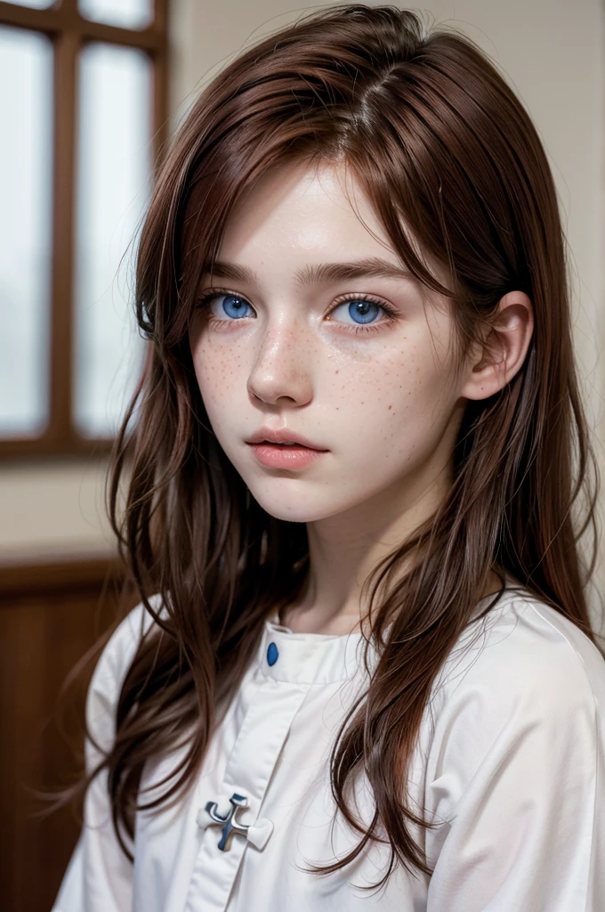 19 years old Dark red-haired boy, with long hair and with freckles with innocent appearance white skin and blue eyes , priest