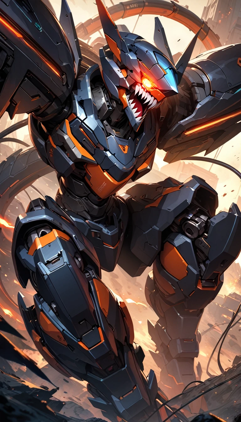 ((Masterpiece)), ((Best Quality)), (Very Detailed), ((Very Detailed)), 4K, (8K), very aesthetic, absurdres highres, no humans, robot, mecha, glowing, science fiction, non-humanoid robot, glowing eyes, robot animal, solo, orange eyes, tail, machinery, claws, sharp teeth, open mouth, cable, glowing eye