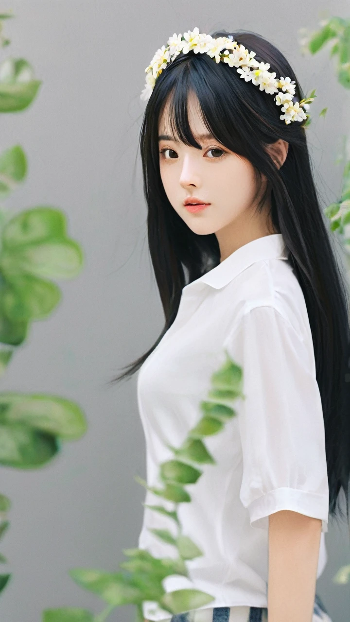 Anime girl with long black hair wearing a white shirt and a flower crown., beautiful animated portrait, awesome anime face portrait, beautiful anime girl, Kawaii realistic portrait, detailed portrait of anime girl, anime girl portrait, 3d realistic anime style, realistic Young anime girl, realistic anime art style, Young anime girl, anime realism style, realistic anime art style
