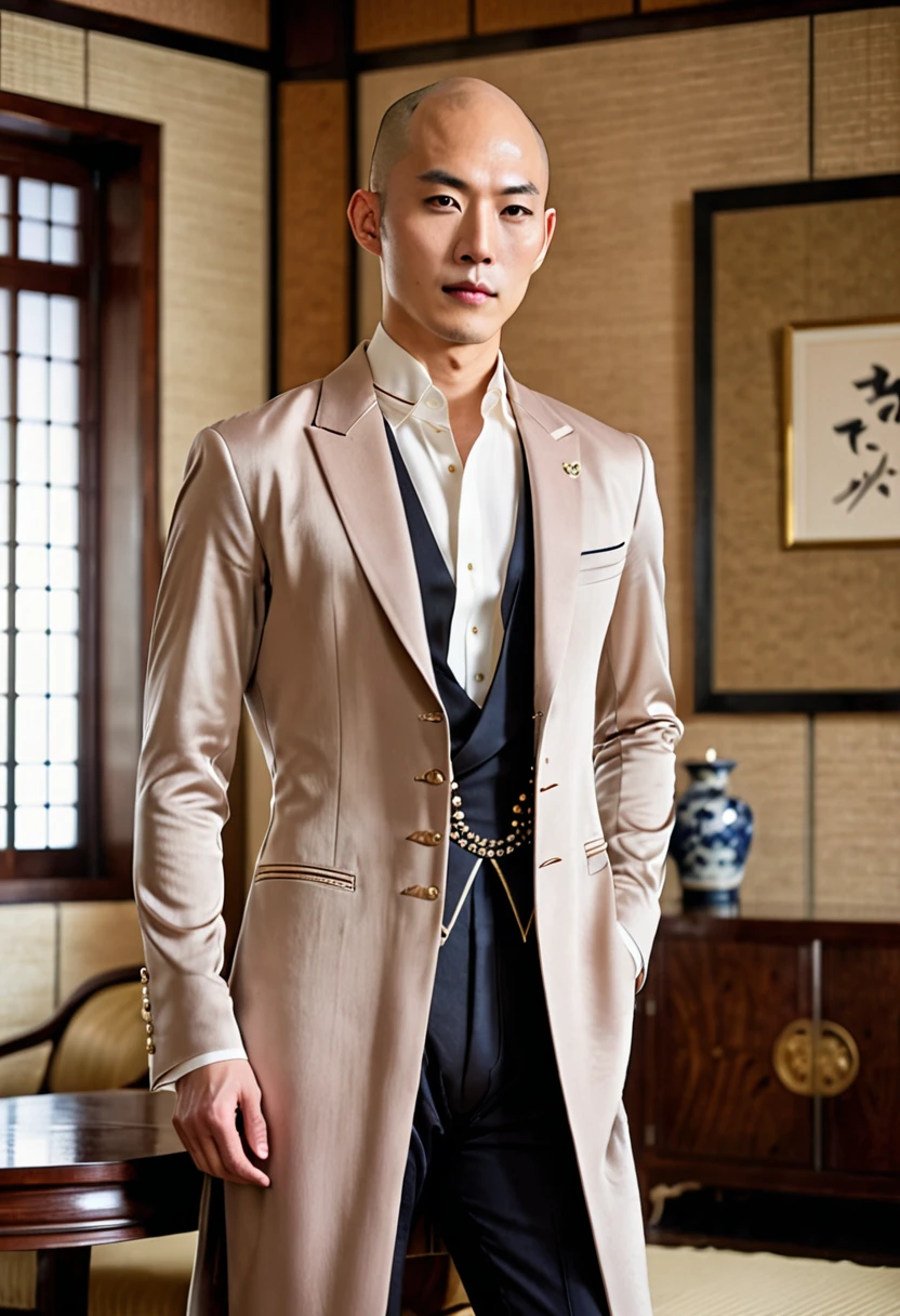 half body picture of a bald japanese model man, long head, wearing an elegant western dress, pants, in elegant room