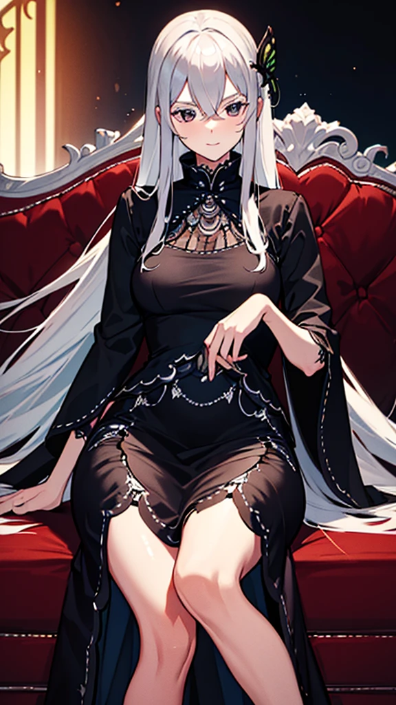 Detailed full 4k HD Echidna sat on a couch wearing a beautiful and long dress