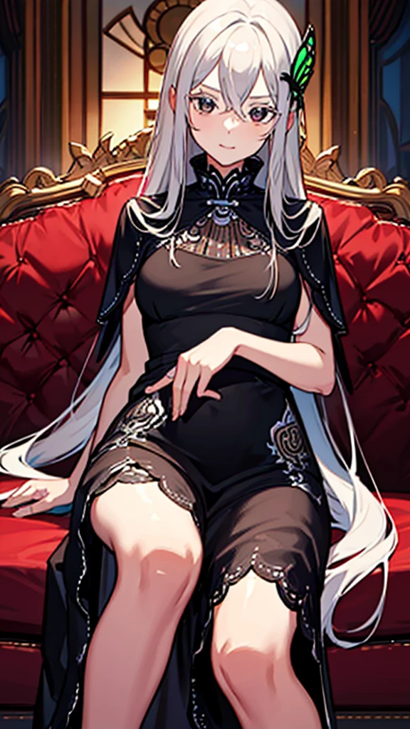 Detailed full 4k HD Echidna sat on a couch wearing a beautiful and long dress