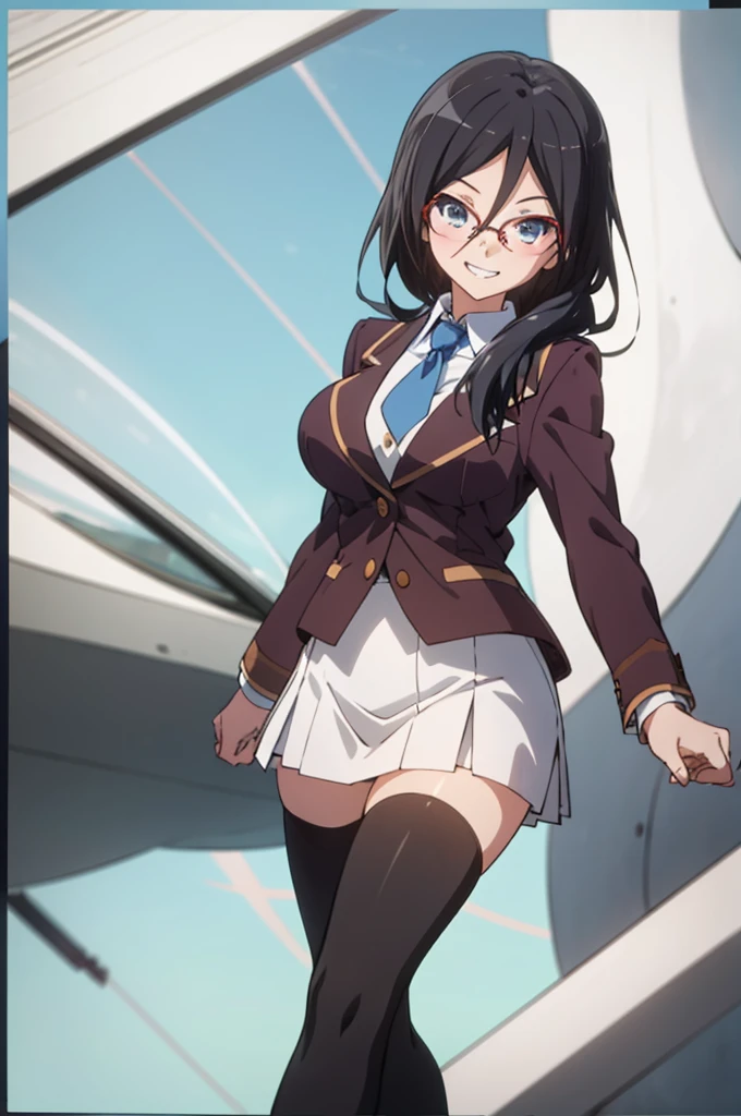 solo, 1girl, looking at viewer, , asuka tanaka, kitauji high ,blazer,big breasts, looking at viewer, smile,miniskirt,black thighhighs,grin,thigh