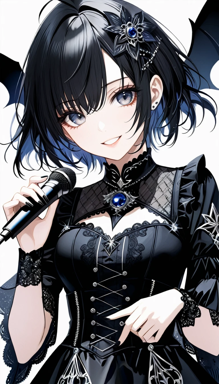 (((White background:1.2)))、masterpiece、Ultra HD、Swedish metal rock girl singing with a microphone, Intense gaze into the camera, Gothic makeup, Intricate details, Highly detailed eyes, White Gothic dress, Flash photography, Intricate details、smile、Black short hair