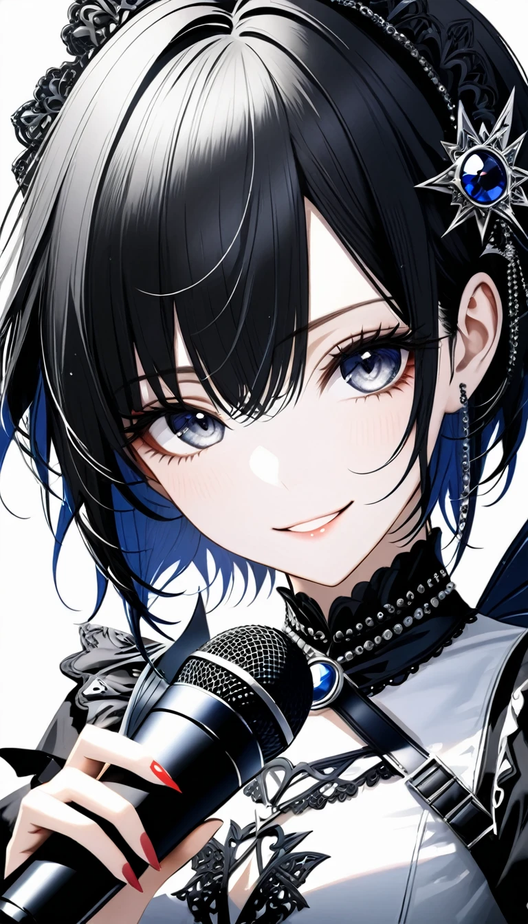 (((White background:1.2)))、masterpiece、Ultra HD、Swedish metal rock girl singing with a microphone, Intense gaze into the camera, Gothic makeup, Intricate details, Highly detailed eyes, White Gothic dress, Flash photography, Intricate details、smile、Black short hair