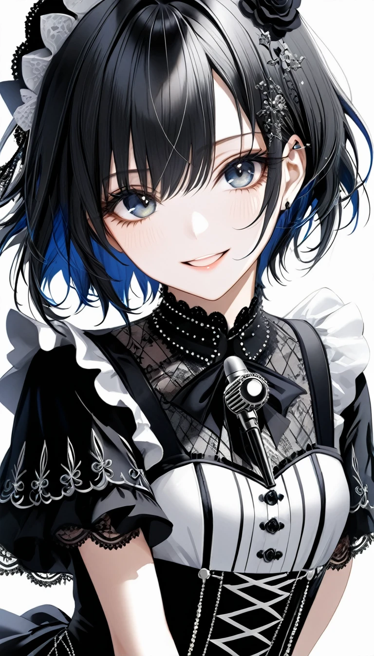 (((White background:1.2)))、masterpiece、Ultra HD、Swedish metal rock girl singing with a microphone, Intense gaze into the camera, Gothic makeup, Intricate details, Highly detailed eyes, White Gothic dress, Flash photography, Intricate details、smile、Black short hair