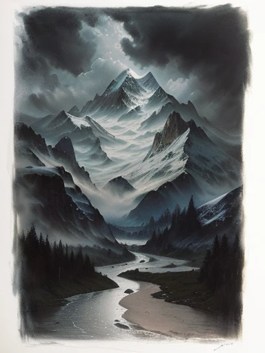 painting of a mountain scene with a river and a cloudy sky, large pastel, on dark paper, pastel artwork, by Božidar Jakac, moody and atmospheric, pastel drawing, dark shading, by František Kaván, light charcoal drawing, dark mountains, pastel art, by Adrienn Henczné Deák, charcoal painting