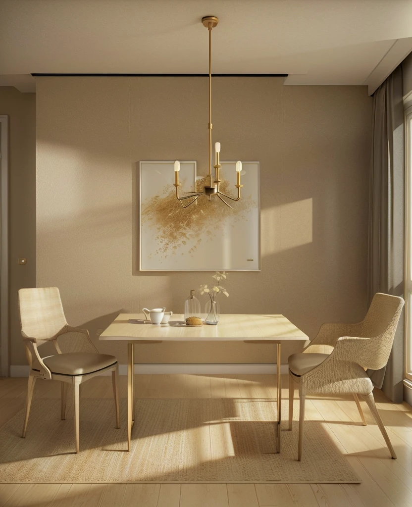 there is a dining room with a table and chairs and a painting on the wall, beige color scheme, beige and dark atmosphere, cream - colored room, dramatic lighting render, sand - colored walls, dark and beige atmosphere, rendered in vray, rendered in v-ray, very realistic 3 d render, stuning 3 d render, rendered in 3 dsmax