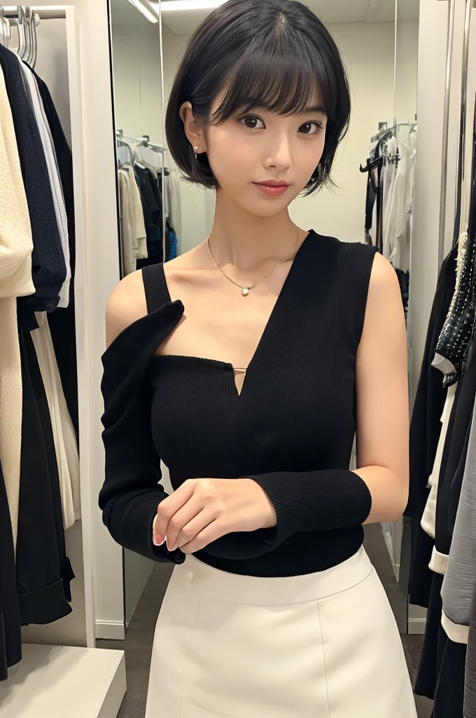 Suit, backstage at studio, talent agency manager,((full body)),((photo)),((best qualtiy, 8K, tmasterpiece:1.3)), Focus:1.2, perfect figure beautiful girl:1.4,1girl,cowboy shot,look at viewer,incredibly absurd, beautiful and cute girl with a photorealistic face, showcasing top-quality craftsmanship, Japanese woman standing in the dressing room for a commercial shoot, 20 years old, shoulder-length bob cut, thick, straight black hair with bangs, shiny black hair, large eyes, round face, long eyelashes, soft smile, thin eyebrows, small nose, glossy lips, smooth skin, fair skin, fine-grained skin, tall, slender figure, well-balanced proportions, delicate limbs, small B-cup breasts, white blouse, black tight skirt, heeled pumps, watch, earrings, pretty older woman, beautiful, neat, fashionable, cheerful, positive, curious, sociable, responsible, highly trusted by those around her, October