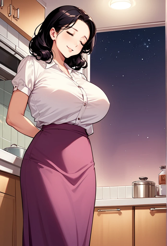 detailed illustration (side view),dynamic angle,ultra-detailed, detailed eyes, detailed face, 1girl, night , nightime, stars, 1950 wife, button up blouse and long skirt, anime half closed eyes, closed eyes, knowing smile, mischievous smile, standing in kitchen, domestic goddess, black hair, huge breasts, wholesome yet sexy, motherly, nurturing, MILF