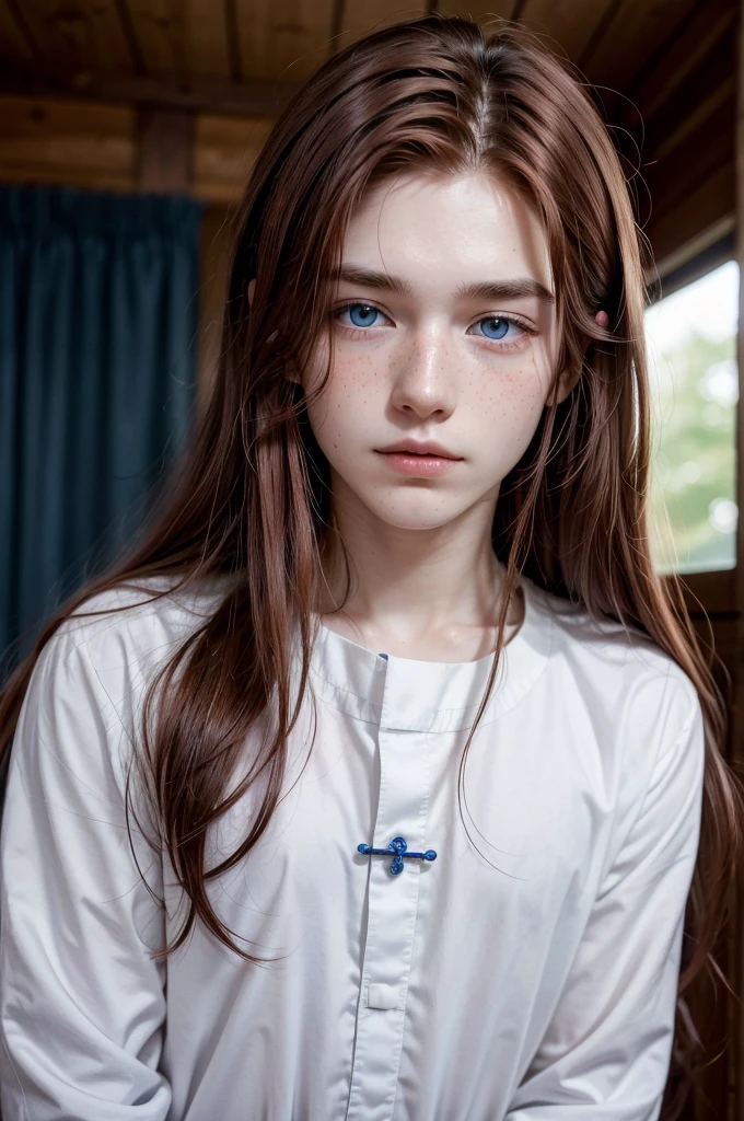 19 years old Dark red-haired boy, with long hair and with freckles with innocent appearance white skin and blue eyes , priest