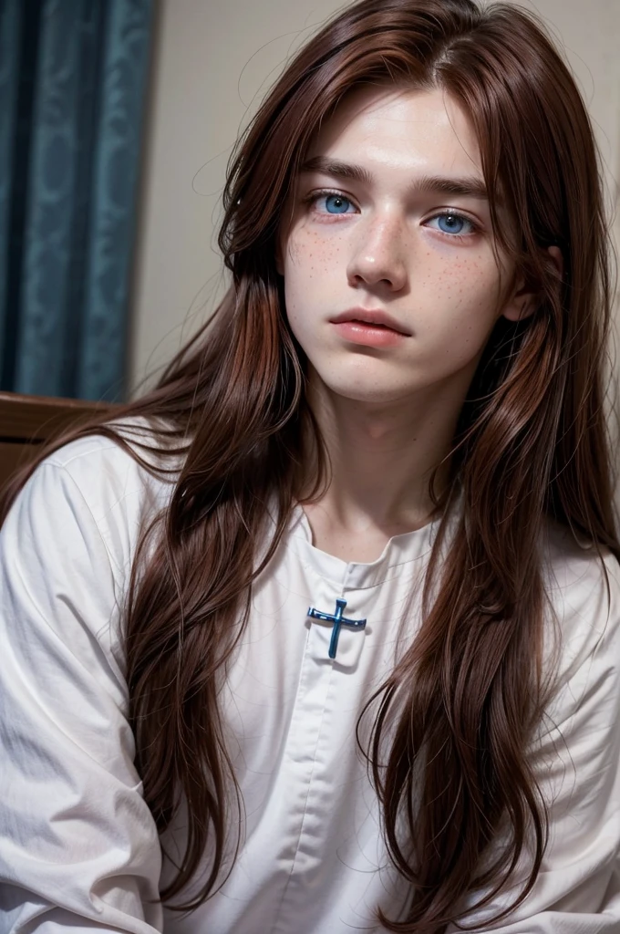 19 years old Dark red-haired boy, with long hair and with freckles with innocent appearance white skin and blue eyes , priest