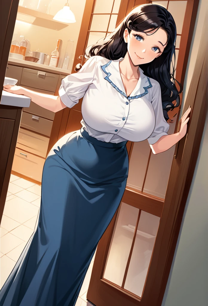 detailed illustration (side view),dynamic angle,ultra-detailed, detailed eyes, detailed face, 1girl, night , nightime, stars, 1950 wife, button up blouse and long skirt, anime half closed eyes, lidded eyes, knowing smile, mischievous smile, standing in kitchen, domestic goddess, black hair, huge breasts, wholesome yet sexy, motherly, nurturing, MILF, glass sliding door, moonscape outside