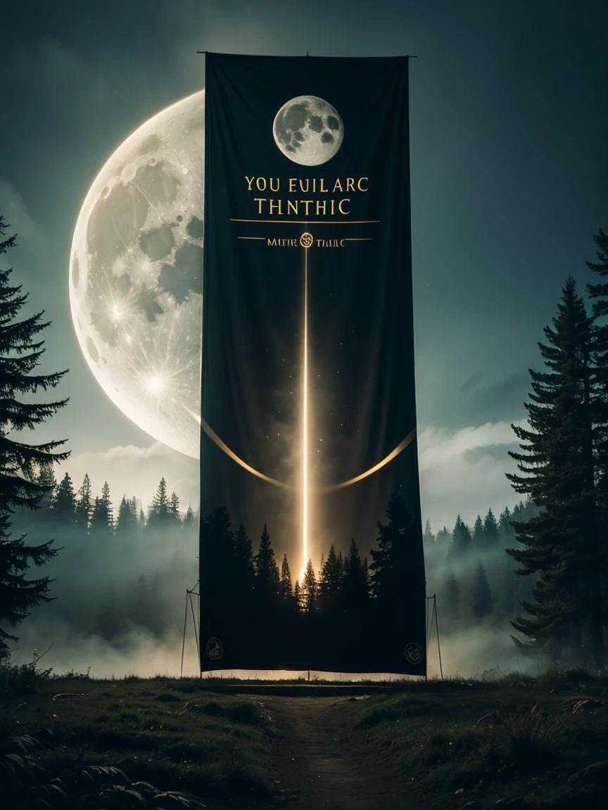 The banner features a misty forest background at night, with tall trees and a full moon partially hidden by clouds.  just below in an elegant, smaller font. Surrounding the central text are subtle gold musical note icons and classical instrument silhouettes. In the bottom right corner, a highlighted phrase: "Subscribe for weekly dark instrumental music", in a clear and legible font. The soft light effect illuminates the center of the banner, highlighting the text and creating a mysterious and captivating atmosphere.