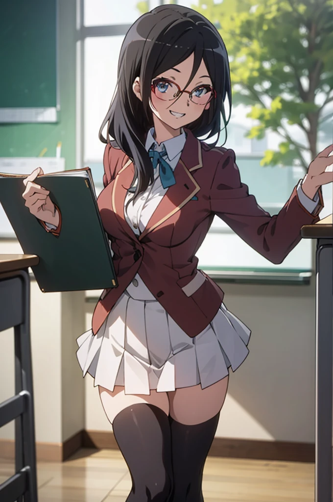 solo, 1girl, looking at viewer, , asuka tanaka, classroom ,blazer,big breasts, looking at viewer, smile,miniskirt,black thighhighs,grin,thigh