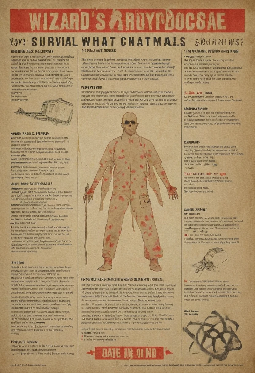 Wizard's, Poster with instructions for survival with pictures after an apocalypse with radiation contamination