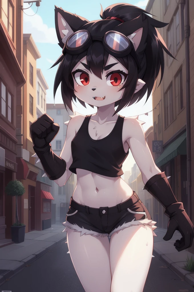 furry girl, cat, black hair, short spiky hairstyle, hair bang cover her eye, black eyeshadows, short spiky ponytail, anime style, small breasts, red eyes, big eyebrows, ((goggles, black tank top, midriff, shorts, gloves)), high quality, detailed body, detailed eyes, detailed face, masterpiece, glistening body, detailed body fur, best quality, white body fur, skinny, gothic, spectacular effects, detailed hands, perfect lighting, perfect shadows, perfect eyes, perfect hair, perfect face, gorgeous body, detailed hands, glistering body, shiny body, skinny, spectacular effect, fangs, solo, :3, street, clear sky, uperbody,