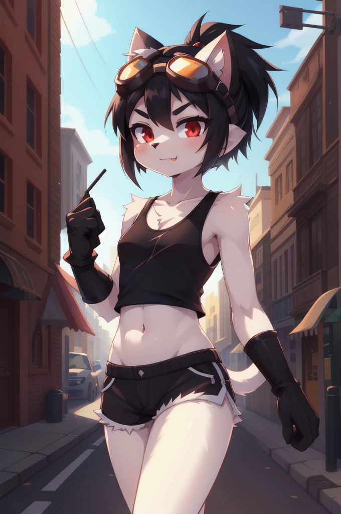 furry girl, cat, black hair, short spiky hairstyle, hair bang cover her eye, black eyeshadows, short spiky ponytail, anime style, small breasts, red eyes, big eyebrows, ((goggles, black tank top, midriff, shorts, gloves)), high quality, detailed body, detailed eyes, detailed face, masterpiece, glistening body, detailed body fur, best quality, white body fur, skinny, gothic, spectacular effects, detailed hands, perfect lighting, perfect shadows, perfect eyes, perfect hair, perfect face, gorgeous body, detailed hands, glistering body, shiny body, skinny, spectacular effect, fangs, solo, :3, street, clear sky, uperbody, 