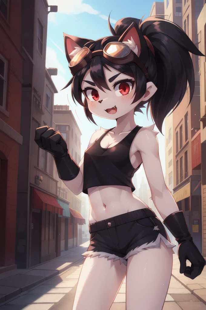 furry girl, cat, black hair, short spiky hairstyle, hair bang cover her eye, black eyeshadows, short spiky ponytail, anime style, small breasts, red eyes, big eyebrows, ((goggles, black tank top, midriff, gray shorts, fingerless gloves)), high quality, detailed body, detailed eyes, detailed face, masterpiece, glistening body, detailed body fur, best quality, white body fur, skinny, gothic, spectacular effects, detailed hands, perfect lighting, perfect shadows, perfect eyes, perfect hair, perfect face, gorgeous body, detailed hands, glistering body, shiny body, skinny, spectacular effect, fangs, solo, :3, street, clear sky, uperbody,