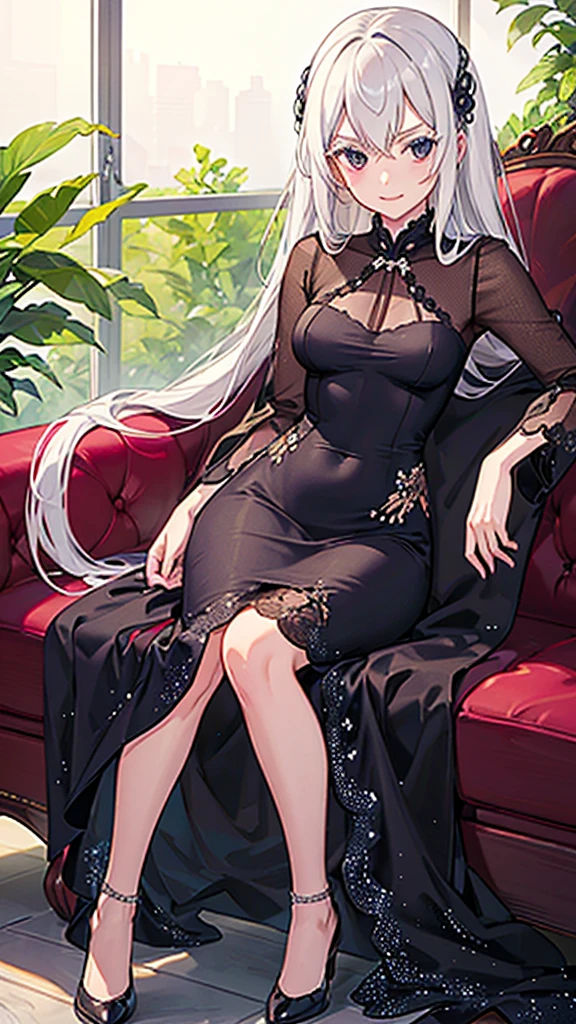 Detailed full 4k HD Echidna sat on a couch wearing a beautiful and long dress 