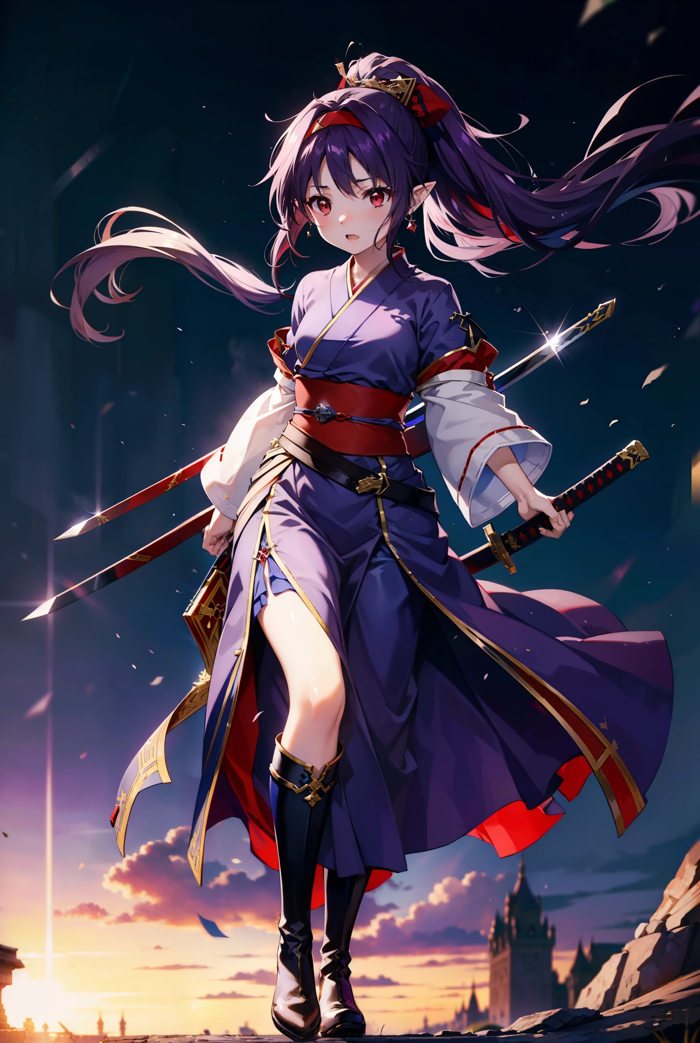yuukikonno, Yuki Konno, hair band, Long Hair, Pointy Ears,ponytail, Purple Hair, (Red eyes:1.5), (Small breasts:1.2), Open your mouth,Purple kimono,Red long skirt,boots,Hold the grip of the sheathed sword in your right hand,Battoujutsu,
break looking at viewer, Upper Body, whole body,
break outdoors, Medieval European streets,
break (masterpiece:1.2), Highest quality, High resolution, unity 8k wallpaper, (shape:0.8), (Narrow and beautiful eyes:1.6), Highly detailed face, Perfect lighting, Extremely detailed CG, (Perfect hands, Perfect Anatomy),