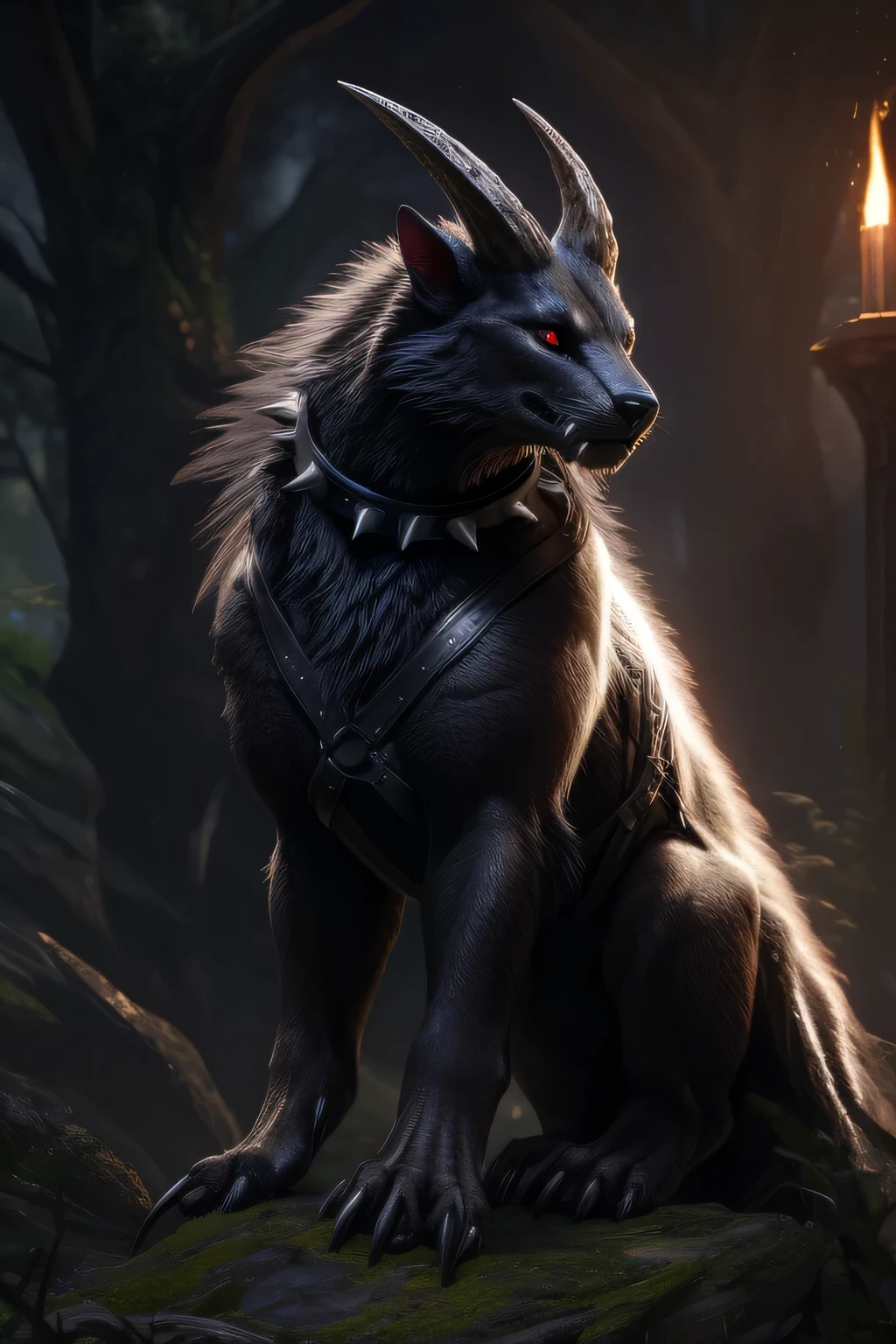 abyss monster, horror, female, feral, black smooth fur, webbed wings, claws, horns, red eyes, feline body, fangs, leather harness, full body, spiked collar, Detailed body fur, a three-quarter view, masterpiece, (best quality,4k,8k,highres,masterpiece:1.2),ultra-detailed,(realistic,photorealistic,photo-realistic:1.37),portrait,dark fantasy,deep rich colors,dramatic lighting