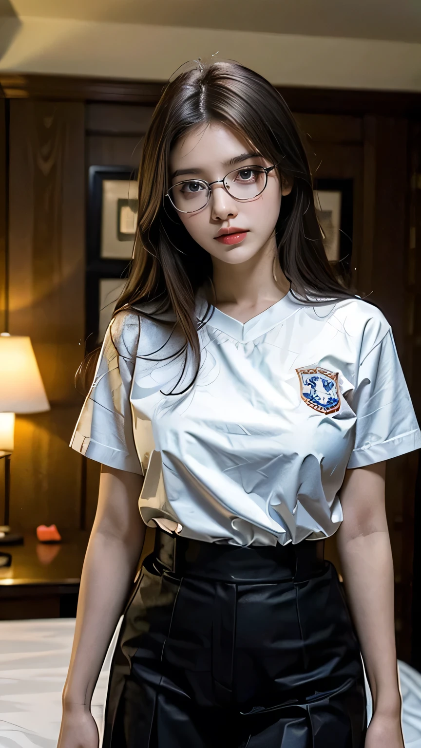 (best quality, masterpiece:1.3), (actual, photo actual:1.3), ultra high resolution, ultra high definition, Extremely detailed CG unified 8k wallpaper, sharp focus, Ridiculous, (actual skin, Delicate skin), (perfect anatomy), glossy lips, rest (cute face), (official art, Beautiful and beautiful), (1 girl), (Sweet smile), (happy), alone, Permanently installed, depth of field,hotel room,blue eyes, (((big breasts))), (((shcool uniform))), hips up, medium hair, 18 years old korea woman, no make-up, wears glasses, ((no shadow)), sexy pose