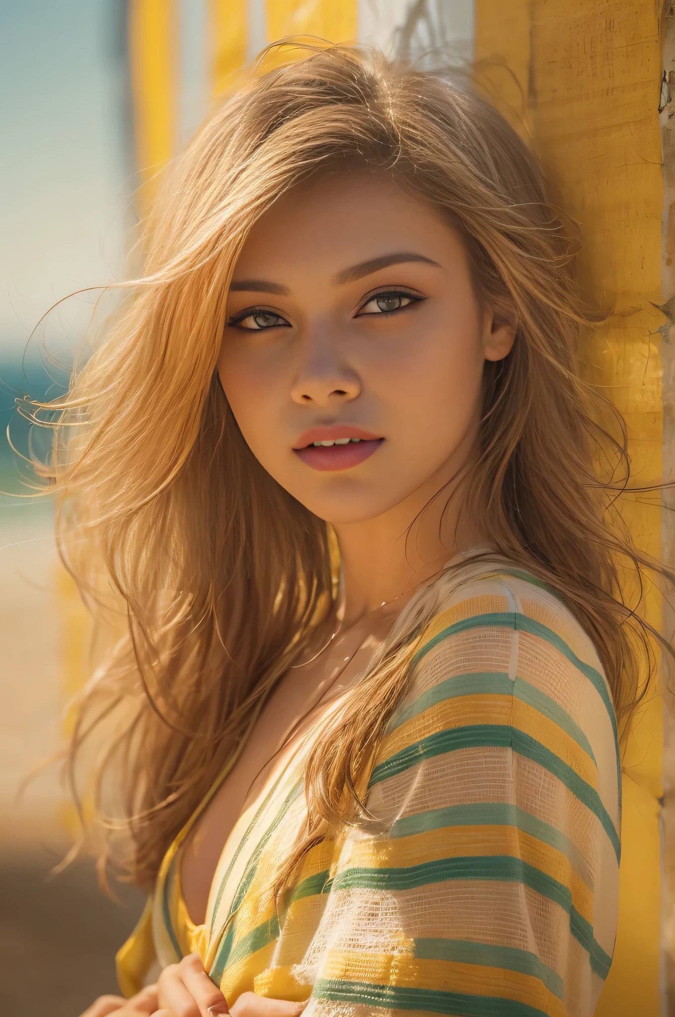 lndswgnr, (Sharp focus: 1.5), (sharp focus:1.2), portrait, attractive young woman, (beautiful face:1.1), detailed eyes, luscious lips, (eye makeup:1.2), (tight body:1.2),
wearing (yellow striped summer dress:1.2) at (the beach:1.2).
(morning sun lighting:1.2), depth of field, bokeh, 4K, HDR. by (James C. Christensen:1.2|Jeremy Lipking:1.1).
NSFW, moist skin, seductive smile