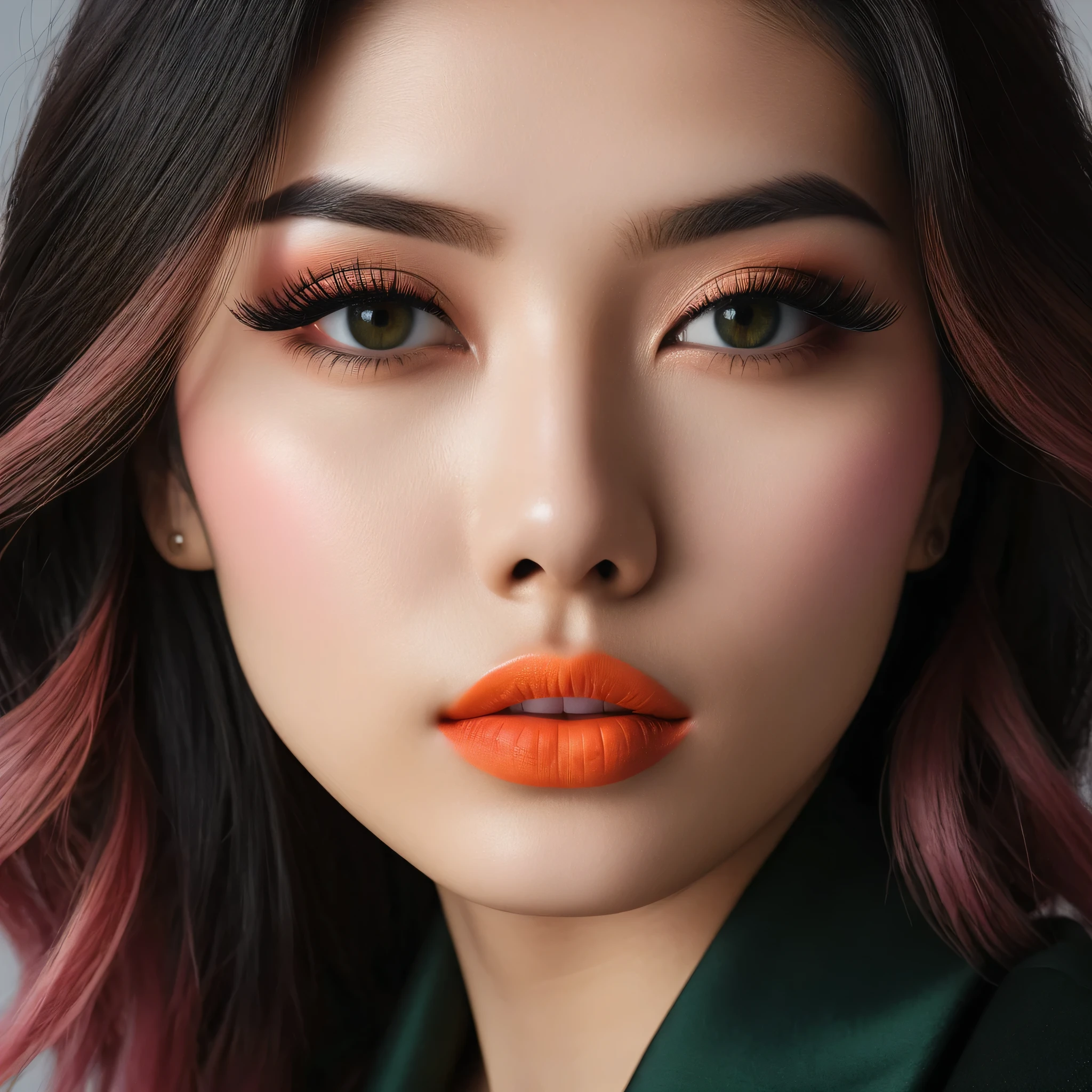 ((Make your subject look three-dimensional with the contrast of light and shadow)). photorealistic Realism 16K Quality: ((ultra absurd details quality realistic texture skin)), Photorealistic photo (portrait) a cute Japanese, 16 years old, Upper body photo, Looks sleepy, inattention, Open your mouth, (Hyper details realistic brown_eyes:1.25), ((finely details pupils:1.3)), Perfect makeup, ((detailed symmetrical lips:1.3)), ((V-line jaw)), pink_lipstick:1.3, (Hyper details eyelashes), (perfect dark_eyeshadows:1.25), (Detailed nose:1.2), (perfect composition), (Orange Cheek), ((White brown straight hair, (Long Hair, middle part:1.3)), (Hidden eyelid wrinkles:1.3), (The blazer he is wearing is dark green and has a gothic design.:1.28), (The subject was photographed from above at an angle:1.3), (Flower Field:1.3), (Face close-up)