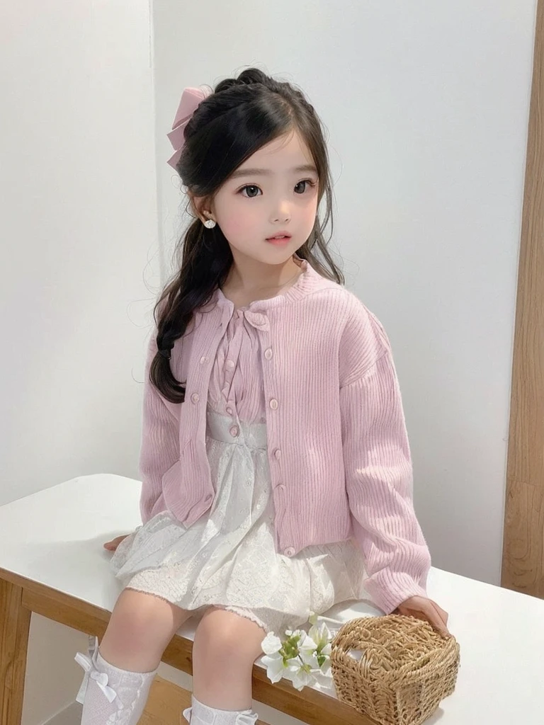 arafed sentada en una mesa con una canasta y una canasta, katelynn mini lindo estilo, cute Little girl Little girl bonita, goirl, Little girl bonita, vely, young avely and cute, Very nice and ., sweet and innocent, Little girl, pink girl, guapa, elegant girl