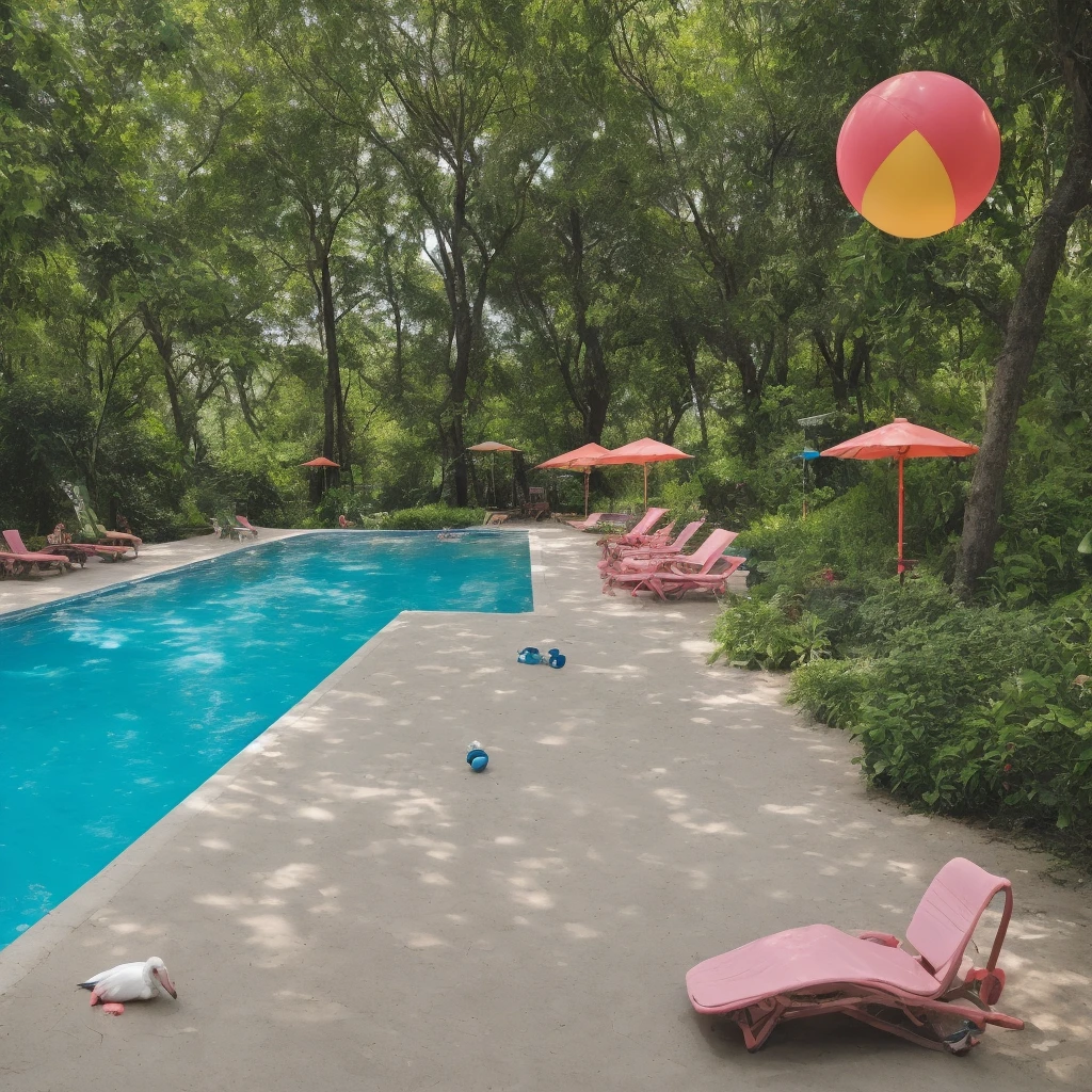 swimming pool with a duck float, a flamingo float and a beach ball, beach chairs around the pool and trees