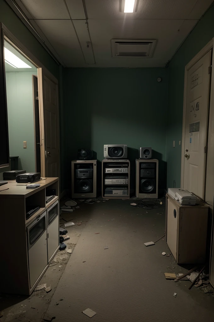 please draw an abandoned, nighttime setting. a security room with 8 monitors/TV's, a door opening (without door) on the left and another on the right. Some old stuffed animals lying around and no person in the scene. too dark. camera look to monitors