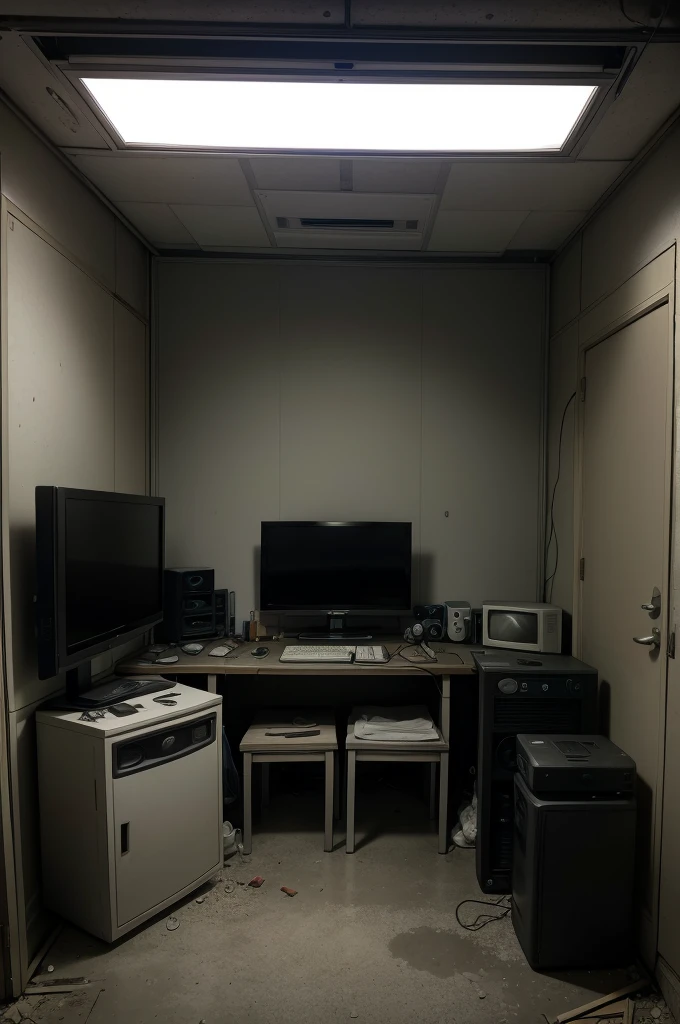 please draw an abandoned, nighttime setting. a security room with 8 monitors/TV's, a door opening (without door) on the left and another on the right. Some old stuffed animals lying around and no person in the scene. too dark. camera look to monitors