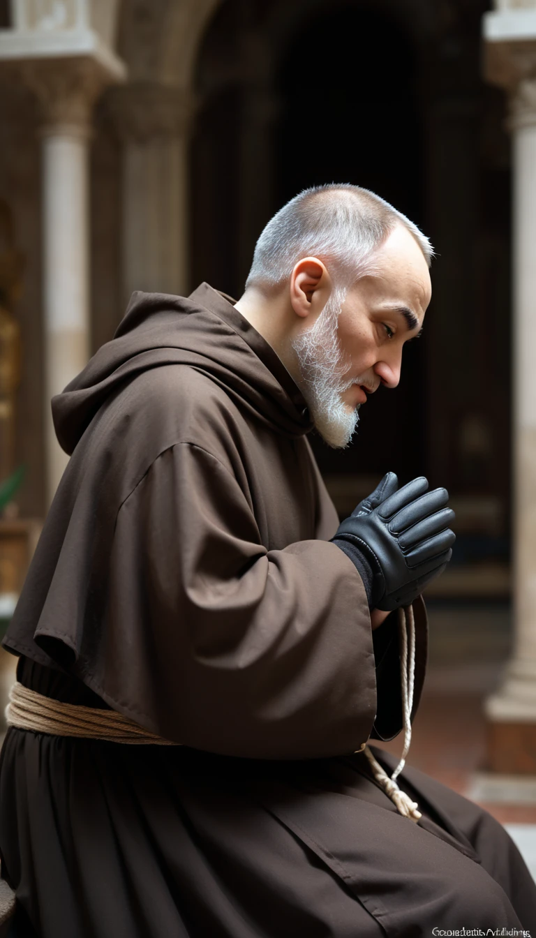 "Create a high resolution image of Padre Pio, an Italian Capuchin friar of medium height and stocky build, seen in profile. He has a rounded and gentle face, with a serene but intensely concentrated expression. His hair is short and gray, complemented by a thick long beard. His dark brown eyes convey deep spirituality and compassion.. He is dressed in the brown habit of the Capuchin friars, with a drawstring at the waist and a capuchin cape. Fingerless gloves cover your hands, hiding the stigmas. into the image, Padre Pio is in profile, kneeling and praying with great faith, with an expression of reverent fear. The camera is closed in half body, highlighting your face and hands, and the lighting highlights the striking features and the atmosphere of intense spirituality and emotion."