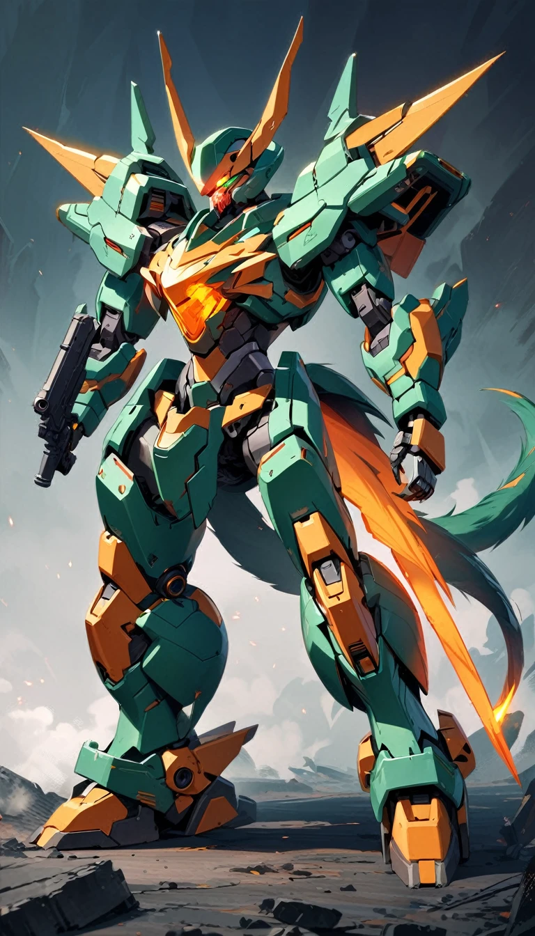 ((Masterpiece)), ((Best Quality)), (Very Detailed), ((Very Detailed)), 4K, (8K), very aesthetic, absurdres highres, no humans, robot, non-humanoid robot, mecha, robot animal, glowing, claws, science fiction, solo, glowing eyes, tail, open mouth, orange eyes, standing, gradient background, machinery, mechanization, glowing eye, walker (robot), green eyes, green skirt, green vest, gun, holding, holding gun, holding weapon, humanoid robot, open hand, sharp teeth, simple background, smoke, smoking gun, spacecraft, teeth, tire, tongue, weapon,