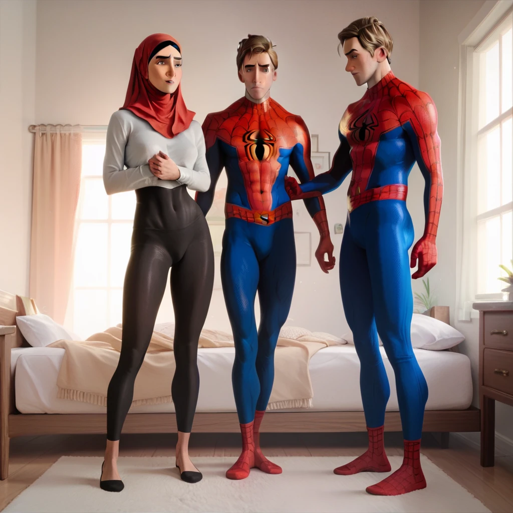 Pale skin Woman in black tight hijab standing in bedroom with  her valentine Peter parker superhero marvel full body valentine two people 