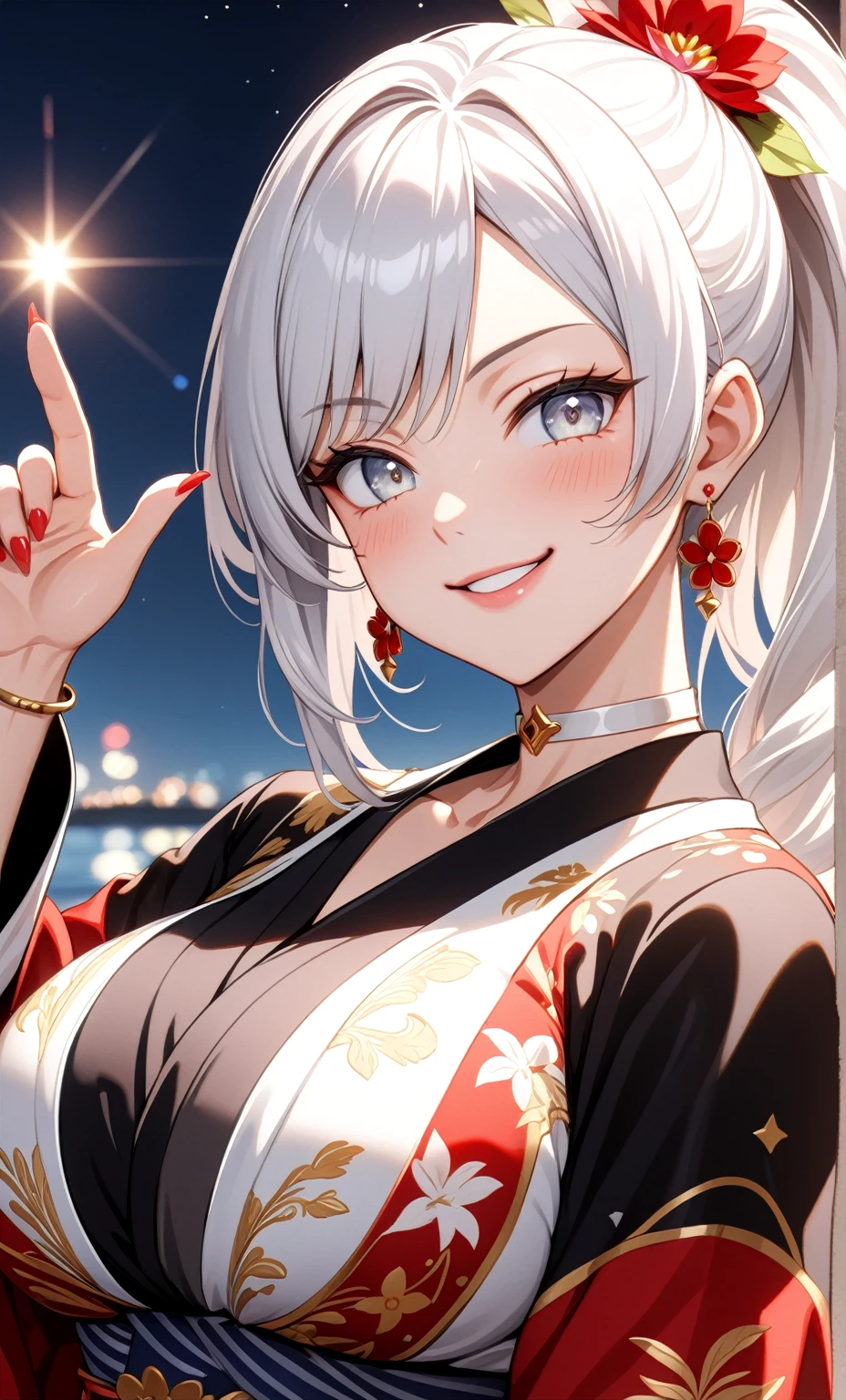((One personの女性)), Beautiful Face, ((smirk)), (head tilt), ((Wink:1.8)), Laugh with your mouth wide open,((Bright red cheeks:1.4)),Shiny red lips,night,coastal,You can see the ocean, firework,Laughing with your mouth open,Glossy pink lips,Facial lighting,((Anime style background)),masterpiece, Highest quality, so beautiful,up to date, Complex details, (Pink long nails), (4fingers and 1thumbs), (ring),(bracelet),(choker),AI-generated, Complex,High resolution, Highest quality, super high quality,3D Images、3D Images,One person,Long white hair,High Ponytail,(blue eyes),Anime woman posing for a photo, ((Fine grain、Silvery white colorful eyes、Shining Eyes:1.3)),(Squint your eyes:1.1),a hyperRealistic , hyperRealistic , Realistic,Anime woman with long white hair, Smooth anime CG art, A woman in a colorful kimono with gold embroidery, (Black long sleeve kimono),Red floral pattern,Long flower hair ornament,Earrings,Mature Body,(Big Breasts:1.1),Tall,Abdominal muscles,Narrow waist,(Zoom up to face:1.5),