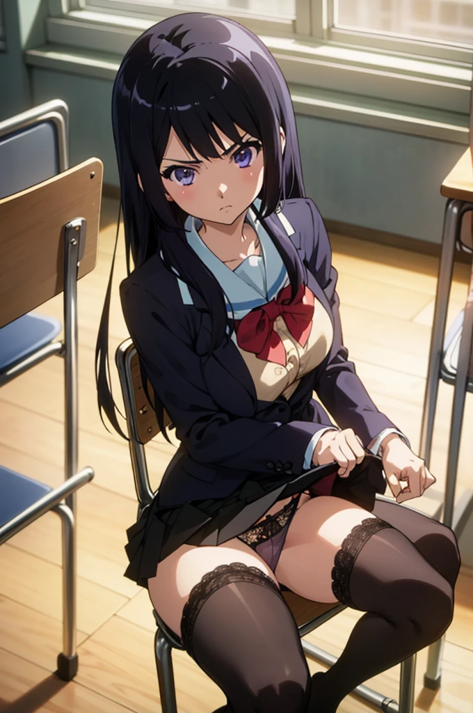 solo, 1girl, looking at viewer,, reina kousaka, classroom,miniskirt,blazer,black thighhighs,sitting on chair, looking at viewer, angry,(((lift skirt,lace panties))),desk,big breasts