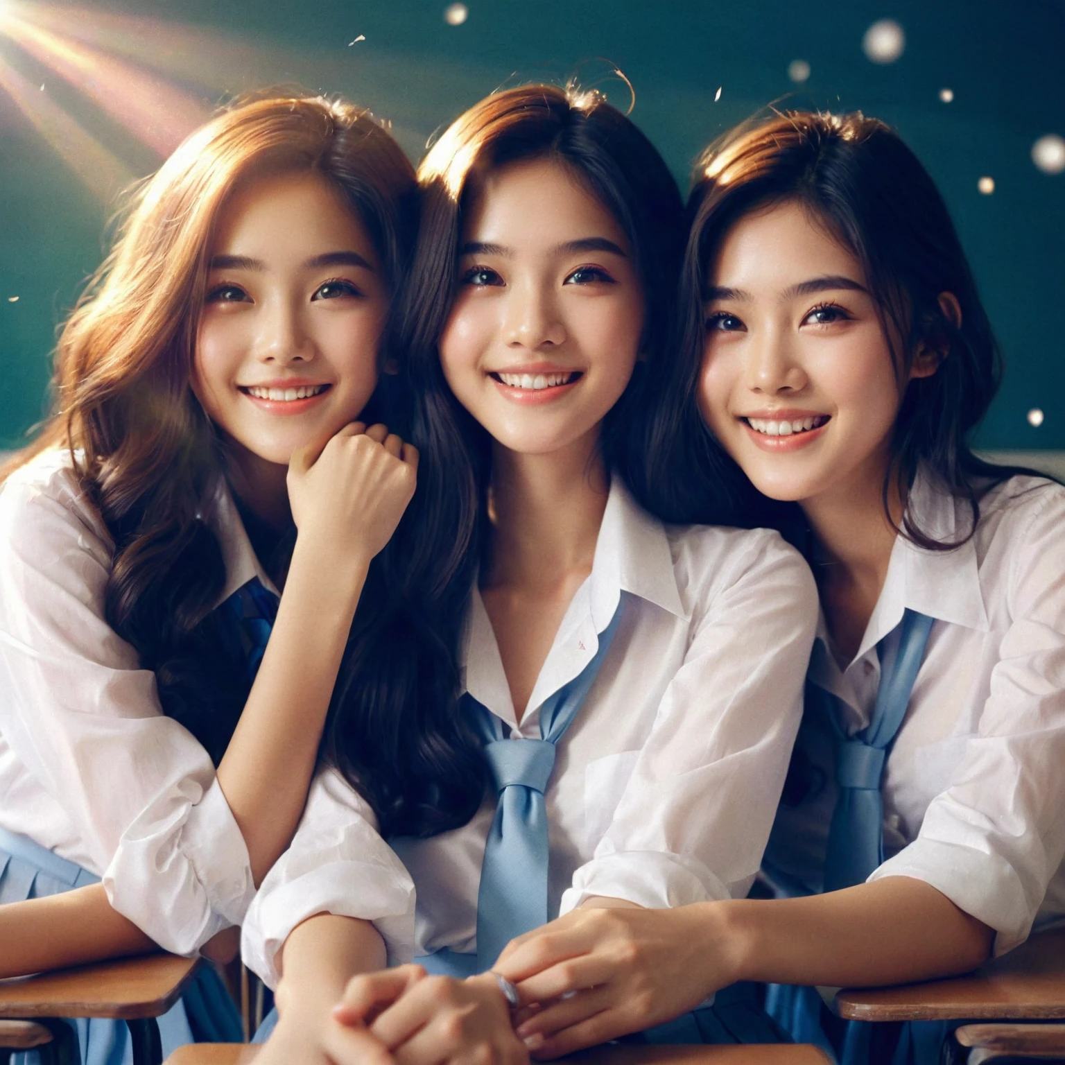 friendship film poster, stunning surreal depiction art, three beautiful young Thai women with long hair, wearing school uniforms, white shirts, light blue tie, long light blue skirts, harmonious friendship, they joke, they are happy, smiling, they are sitting at school, view in school classroom, perfect face, hands and feet, lens flare, flying paper effect, looks like a movie, Taken with Sony Alpha α7CR, UHD 1536px, high quality.